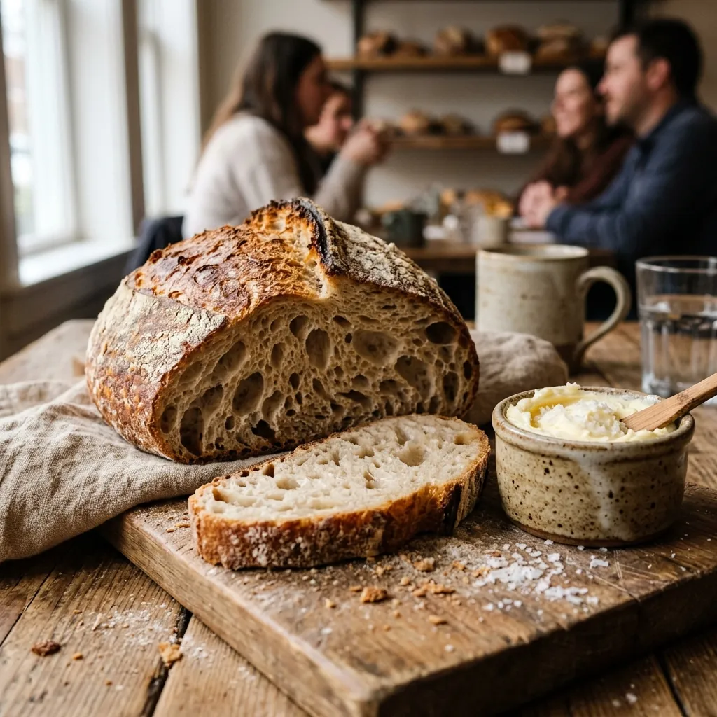 Warm country sourdough with cultured butter and flaky salt